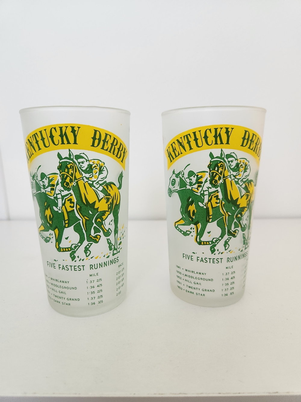 1955 Kentucky Derby Glasses Set of 2 Frosted Churchill Downs Great Condition
